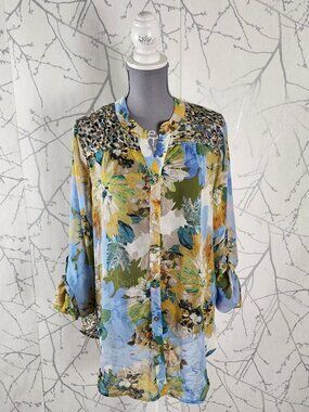 Figueroa & Flower Colorful Artsy Floral Print Sheer Blouse